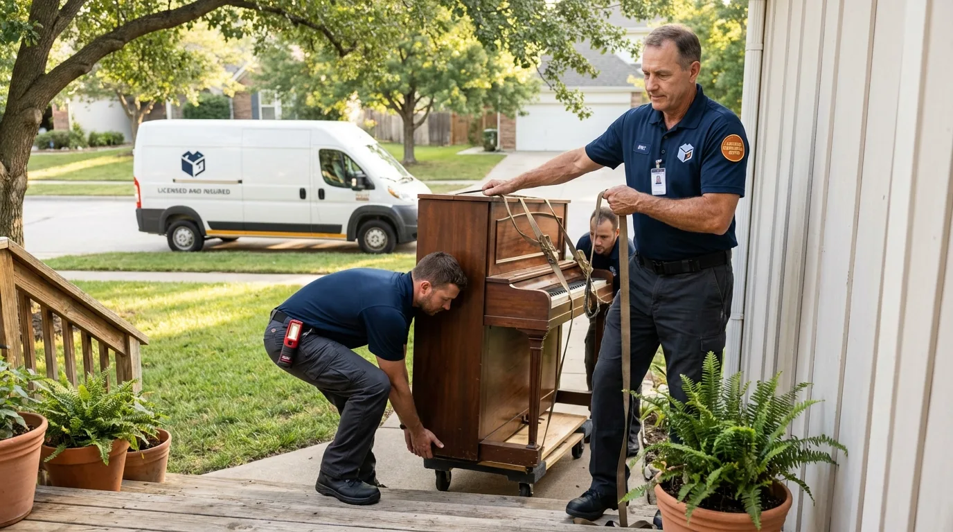 Licensed piano movers securing grand piano in Mount Holly, NC