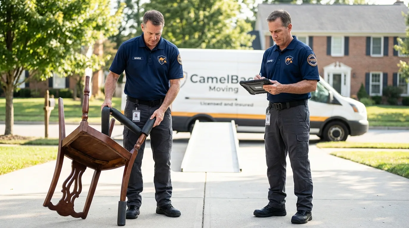 Movers inspecting furniture for damage prevention before loading in Mount Holly, NC