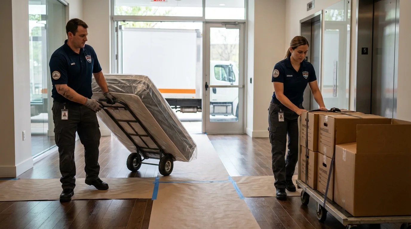 Professional apartment movers loading elevator in Mount Holly, NC