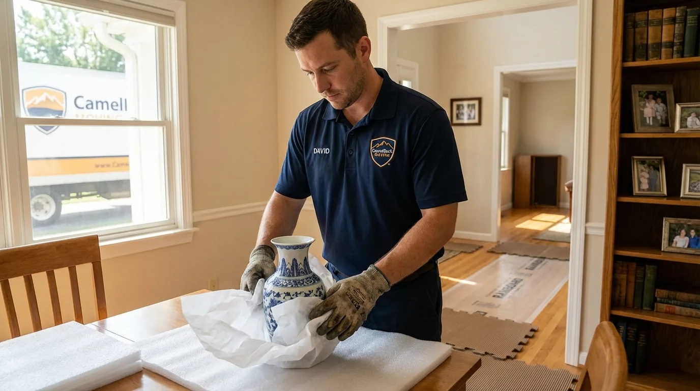 Professional crew carefully wrapping antique vase for senior downsizing move in Mount Holly, NC
